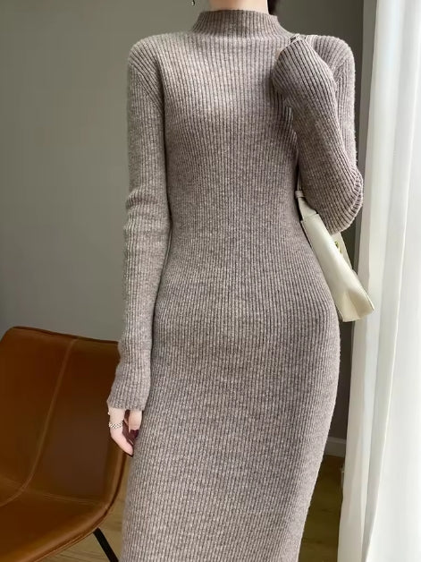 "Luxury Merino Wool Dress for Women: Soft Knitted Sweater with Long Sleeves and Mock Neck"