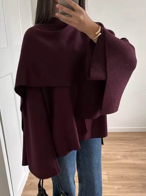 "Elegante Bordeaux Sjaalkraag Trui voor Dames: Mode, Effen Kleur & Lange Mouwen - Herfst & Winter"