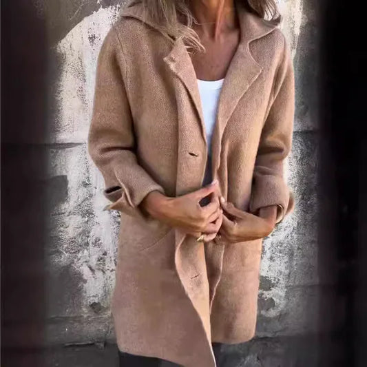 "Manteau cardigan long élégant vintage 'Yvonne' : automne et hiver simple boutonnage avec col à revers"